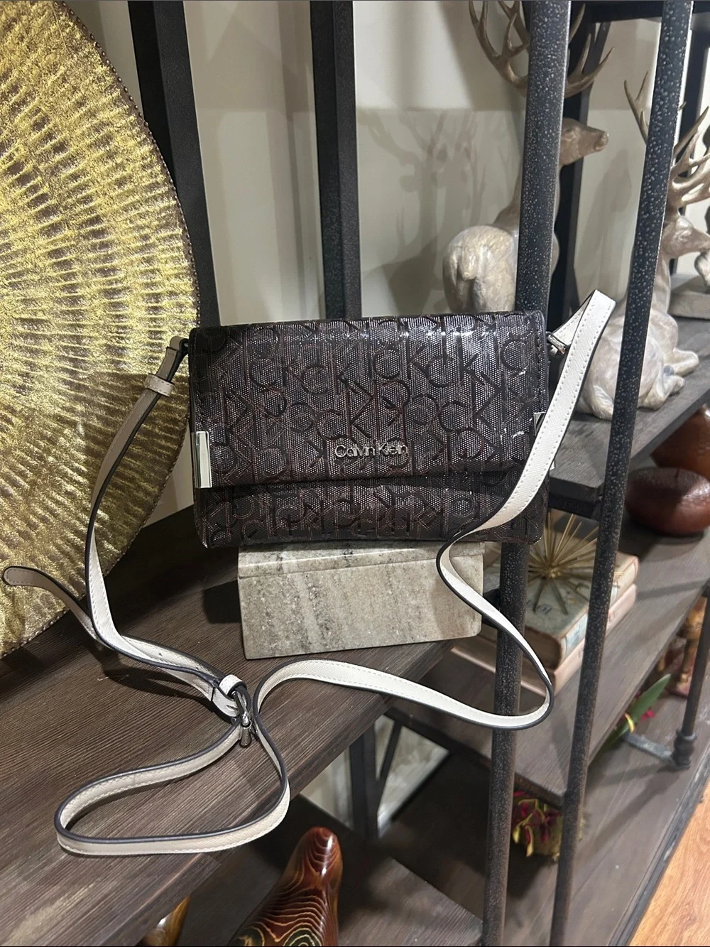 Calvin Klein Brown Logo Crossbody with White Strap